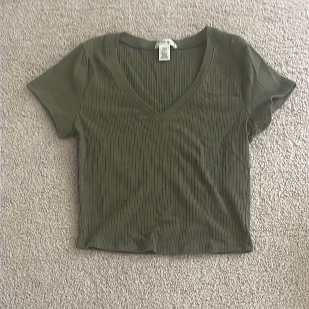 Olive V-Neck Ribbed Women's Top